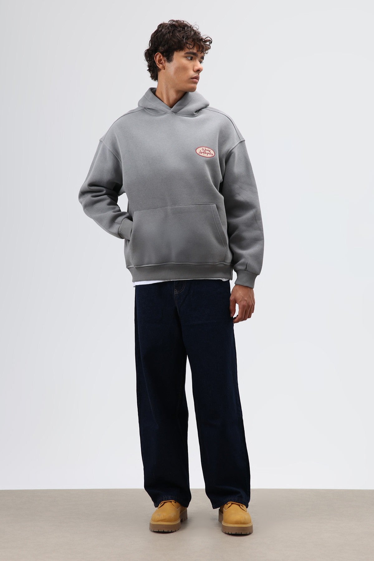 Oversize Baskılı Kapüşonlu Sweatshirt Füme