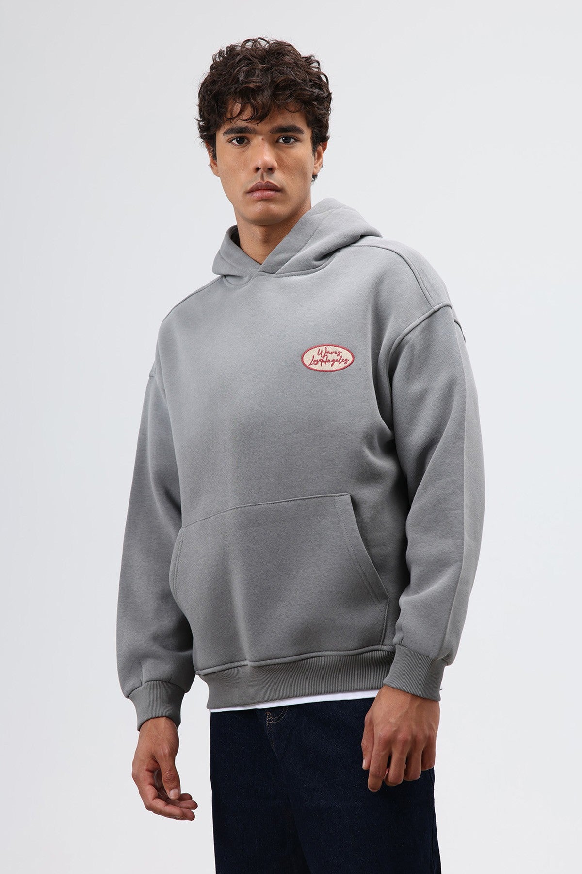 Oversize Baskılı Kapüşonlu Sweatshirt Füme