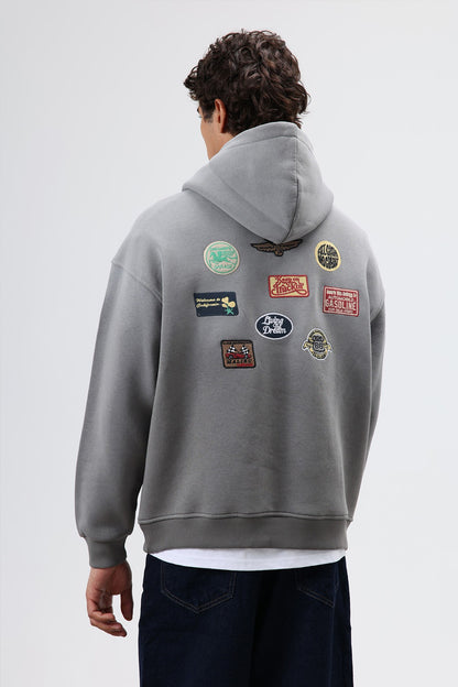 Oversize Baskılı Kapüşonlu Sweatshirt Füme