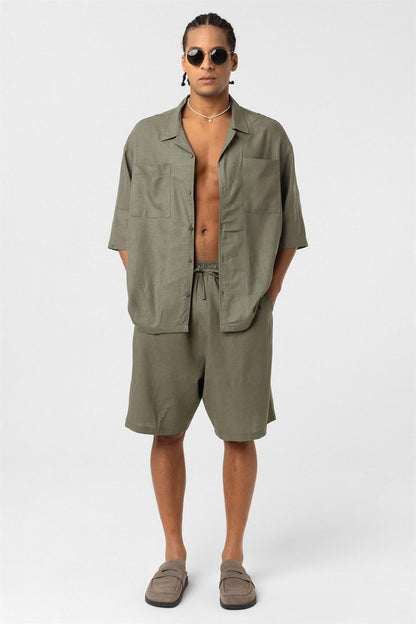 Oversize Çift Cepli Keten Şort