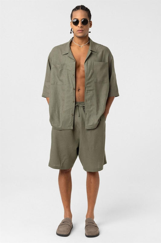 Oversize Çift Cepli Keten Şort