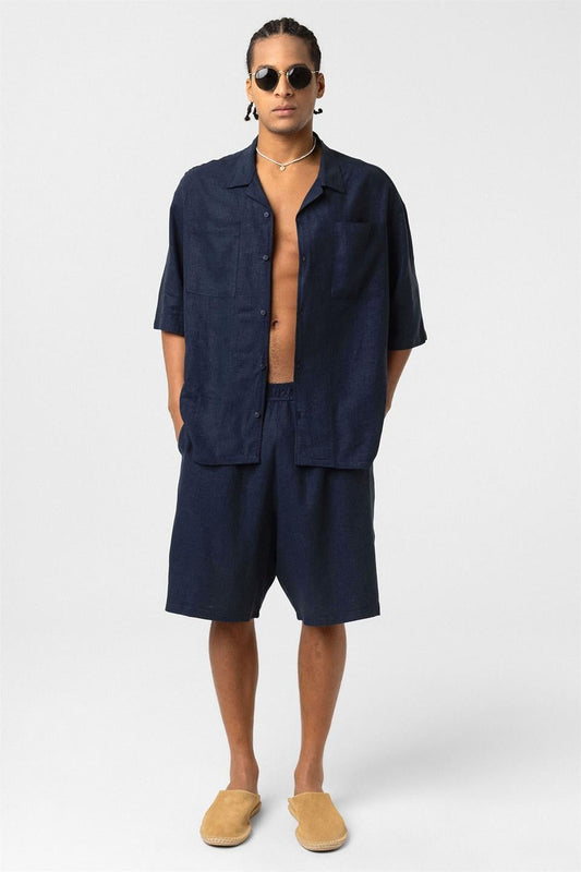 Oversize Çift Cepli Keten Şort