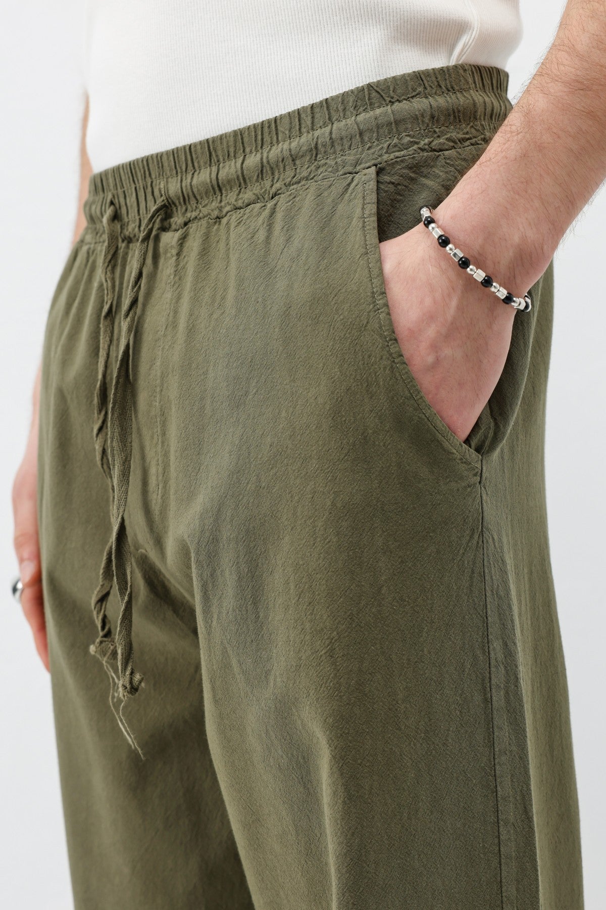 Bel Lastikli Baggy Fit Keten Pantolon