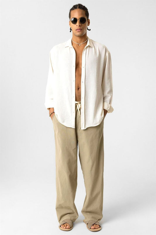Bel Lastikli Baggy Fit Keten Pantolon