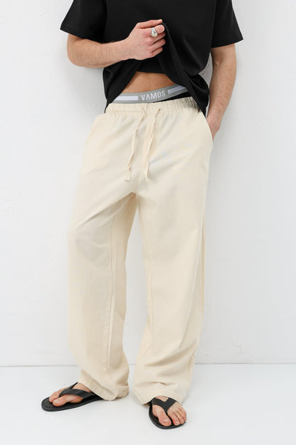 Bel Lastikli Baggy Fit Keten Pantolon