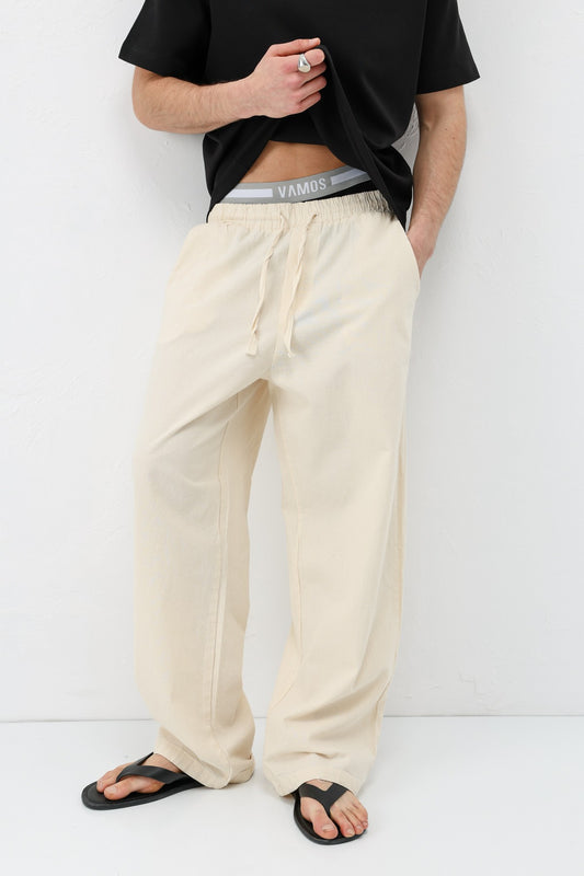Bel Lastikli Baggy Fit Keten Pantolon