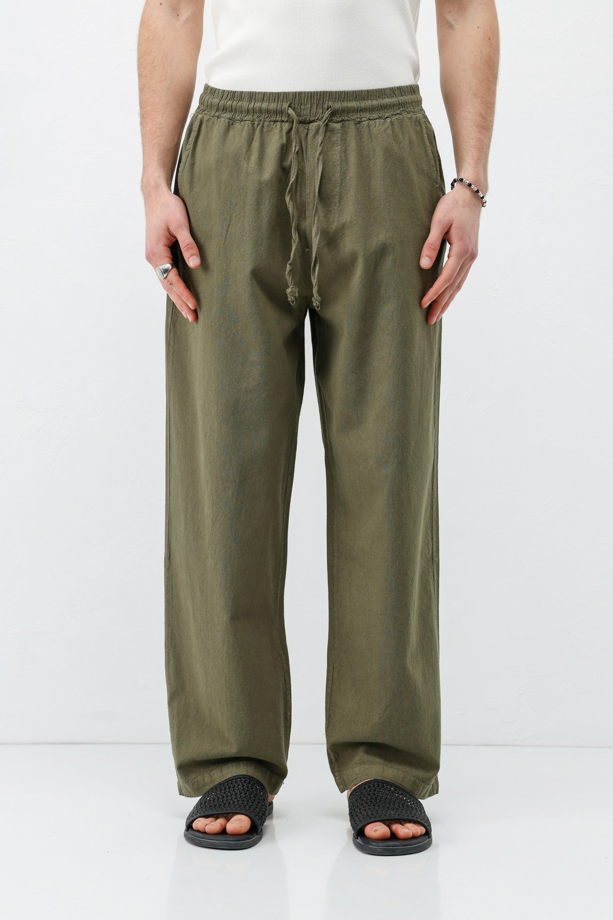 Bel Lastikli Baggy Fit Keten Pantolon