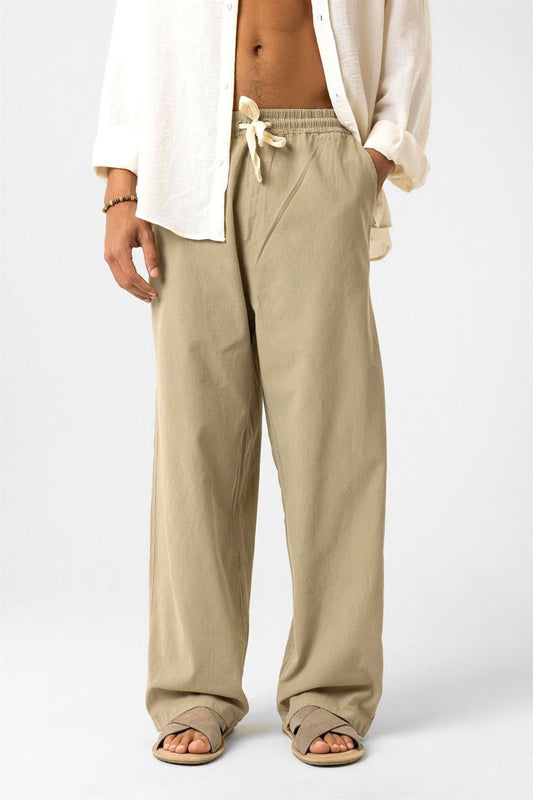 Bel Lastikli Baggy Fit Keten Pantolon