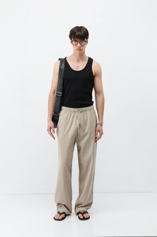 Bel Lastikli Baggy Fit Keten Pantolon