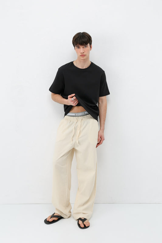 Bel Lastikli Baggy Fit Keten Pantolon