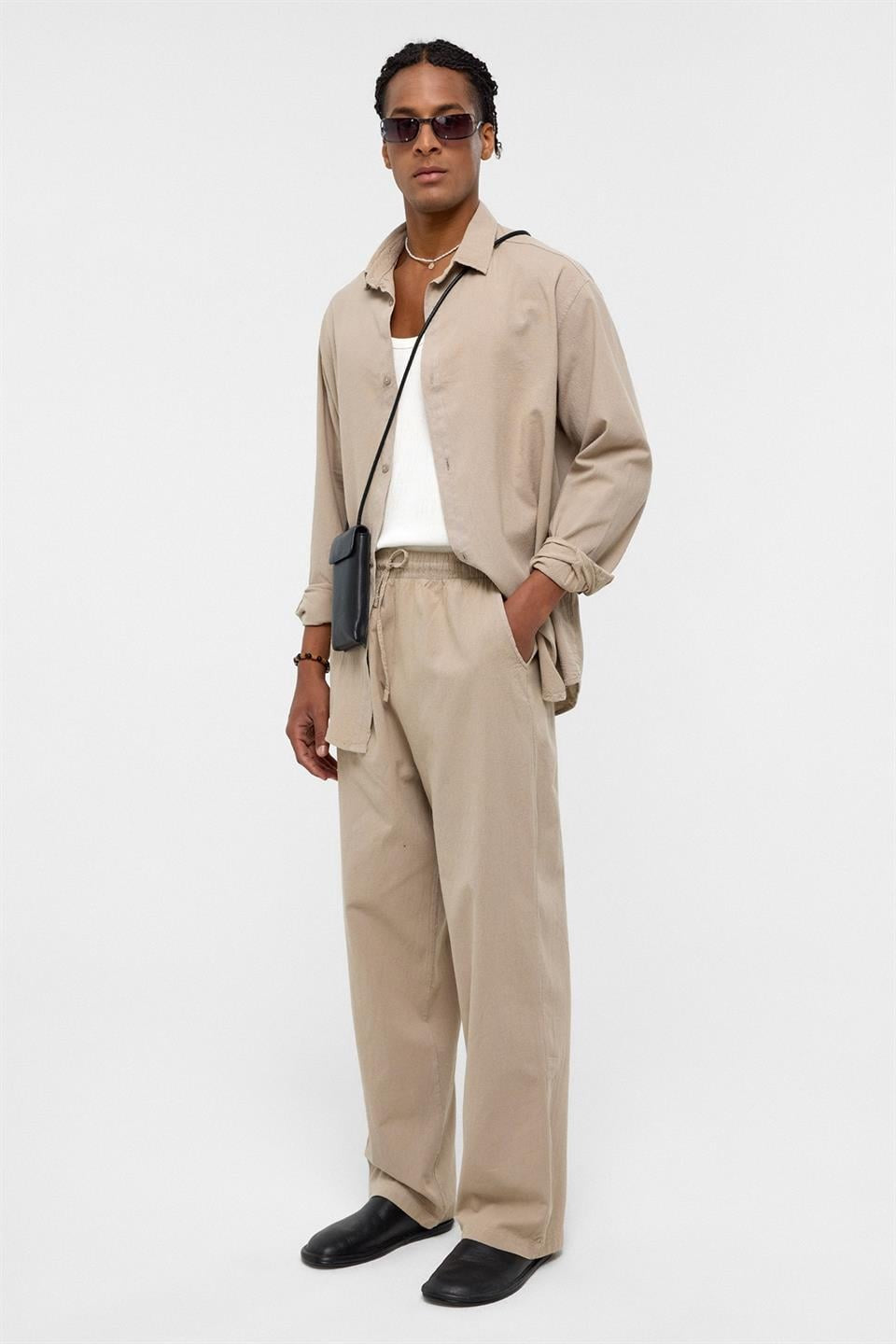Basic Oversize Keten Takım Bej