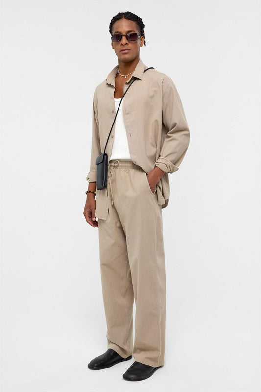Basic Oversize Keten Takım Bej