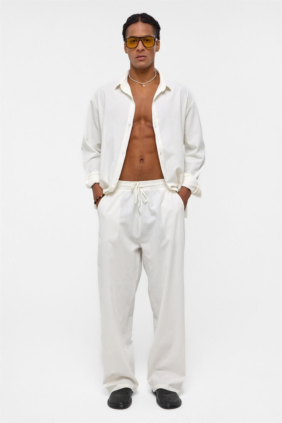 Basic Oversize Keten Takım Ekru