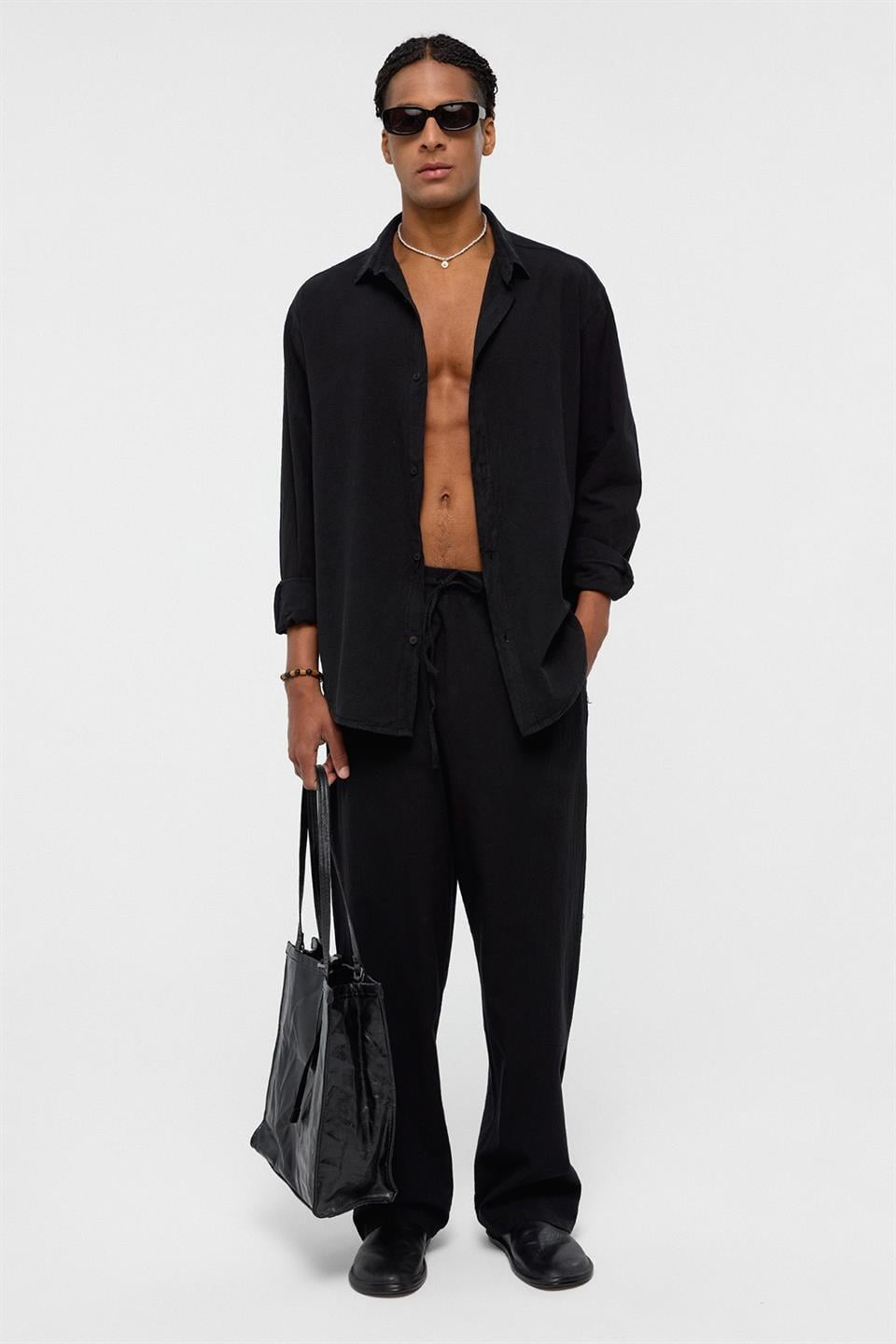 Basic Oversize Keten Takım Siyah