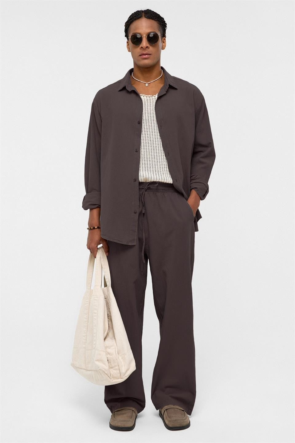 Basic Oversize Keten Takım Kahve
