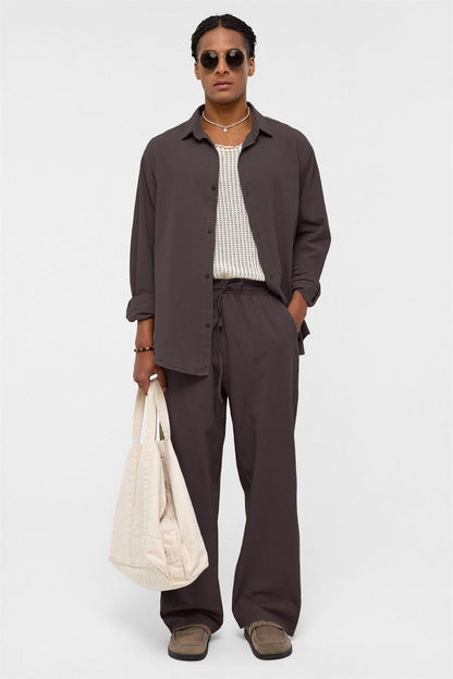 Basic Oversize Keten Takım Kahve