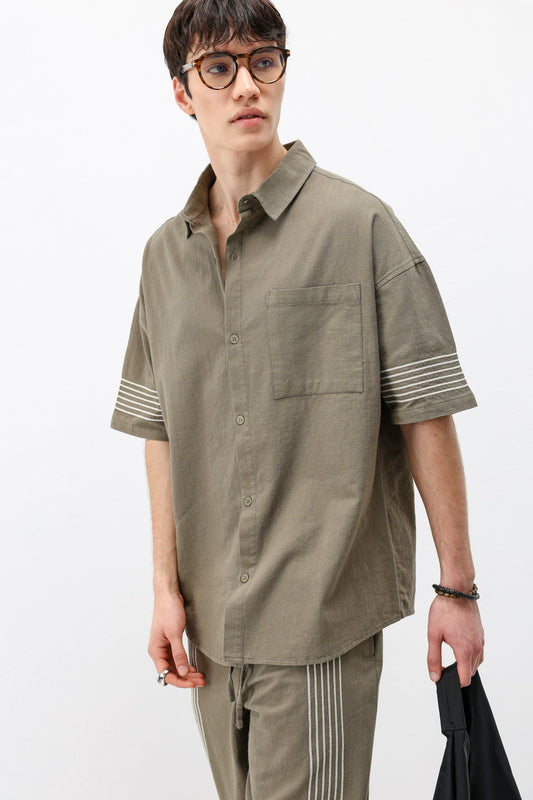 Oversize Çizgi Detaylı Keten Alt Üst Takım