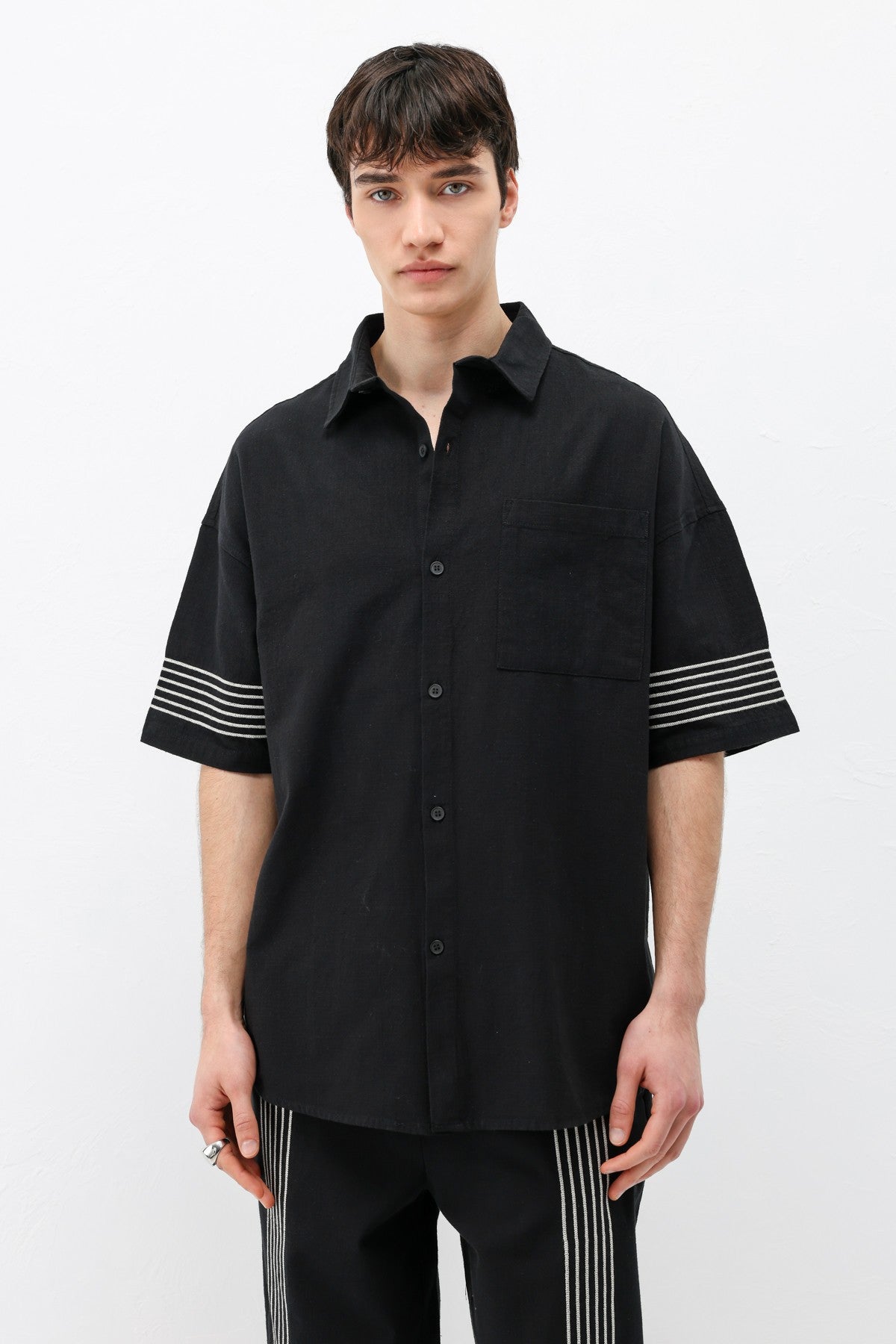 Oversize Çizgi Detaylı Keten Alt Üst Takım