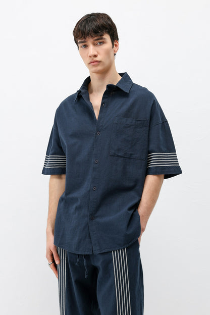 Oversize Çizgi Detaylı Keten Alt Üst Takım
