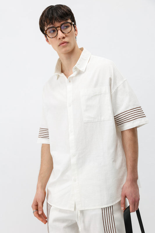 Oversize Çizgi Detaylı Keten Alt Üst Takım