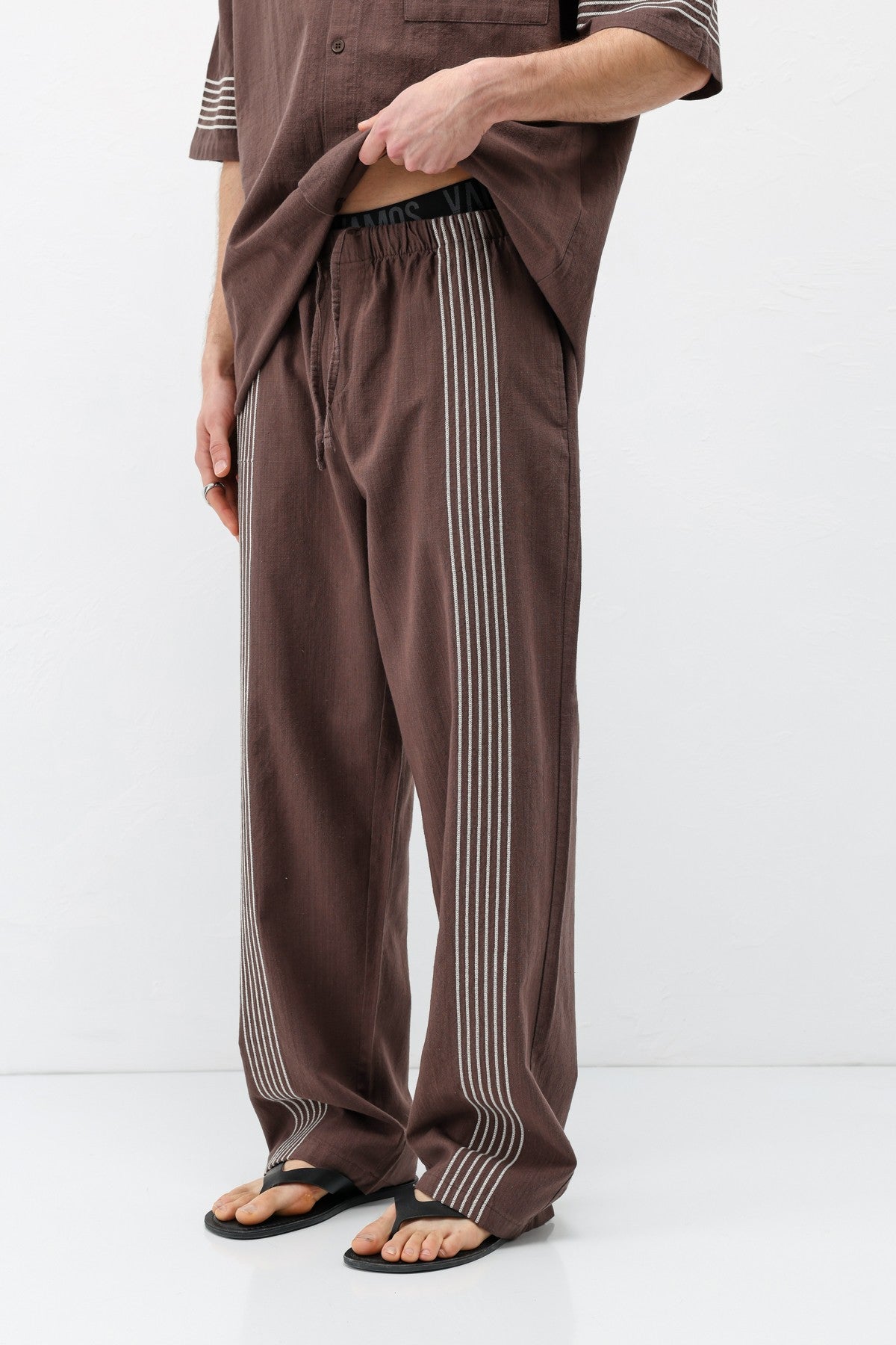 Oversize Çizgi Detaylı Keten Alt Üst Takım