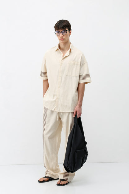Oversize Çizgi Detaylı Keten Alt Üst Takım