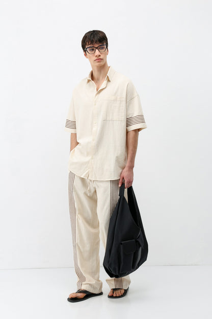 Oversize Çizgi Detaylı Keten Alt Üst Takım