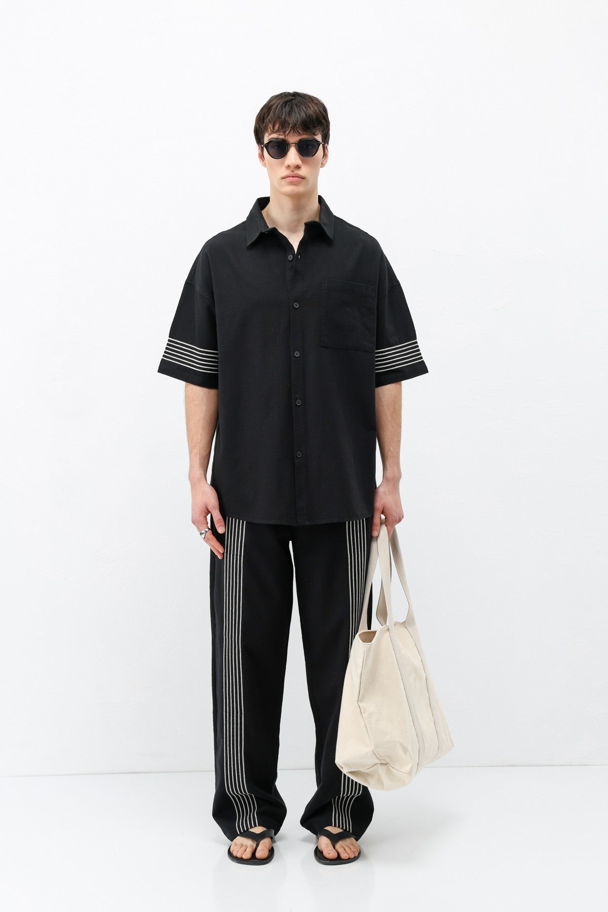 Oversize Çizgi Detaylı Keten Alt Üst Takım