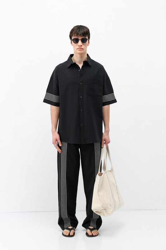 Oversize Çizgi Detaylı Keten Alt Üst Takım