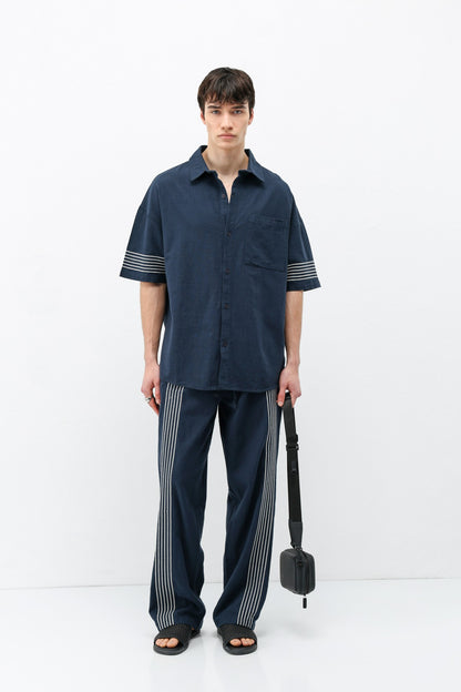 Oversize Çizgi Detaylı Keten Alt Üst Takım