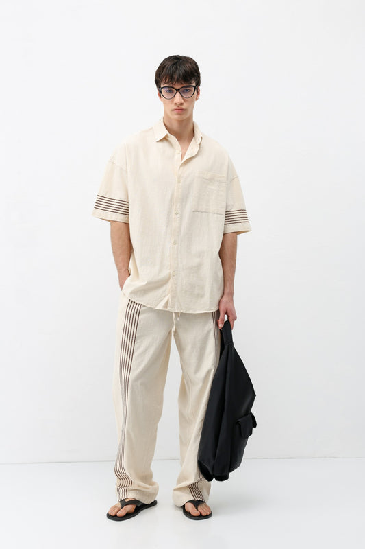 Oversize Çizgi Detaylı Keten Alt Üst Takım