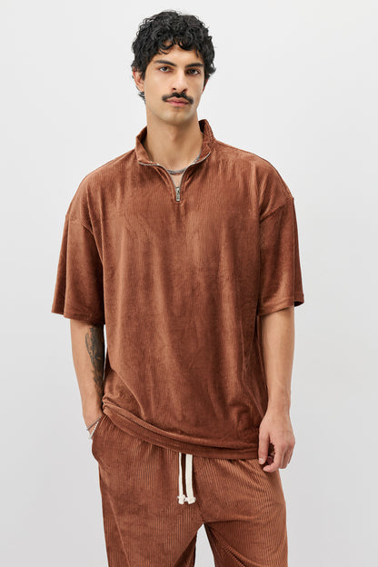 Yarım Fermuarlı Oversize Fitilli Tişört