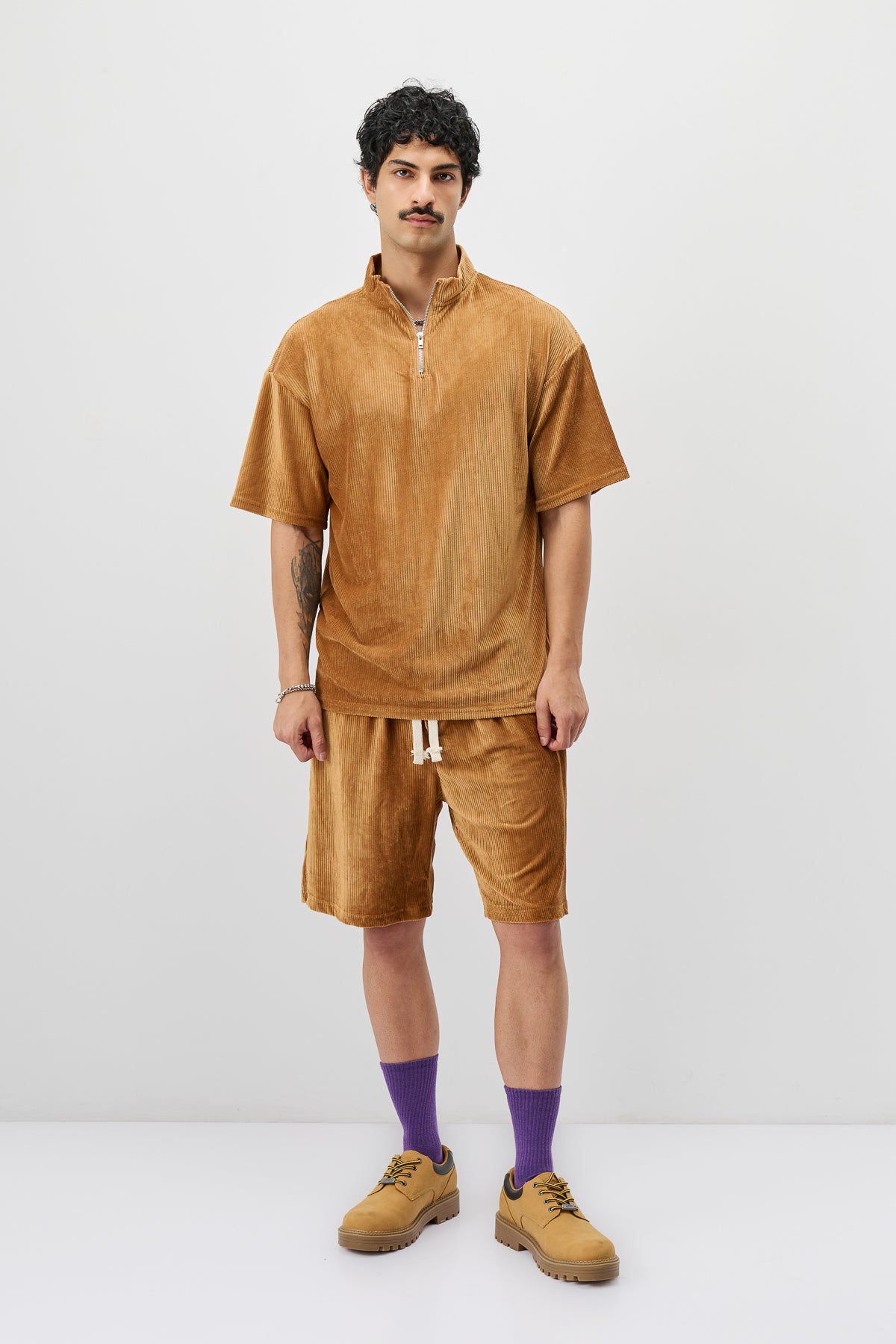 Yarım Fermuarlı Oversize Fitilli Tişört