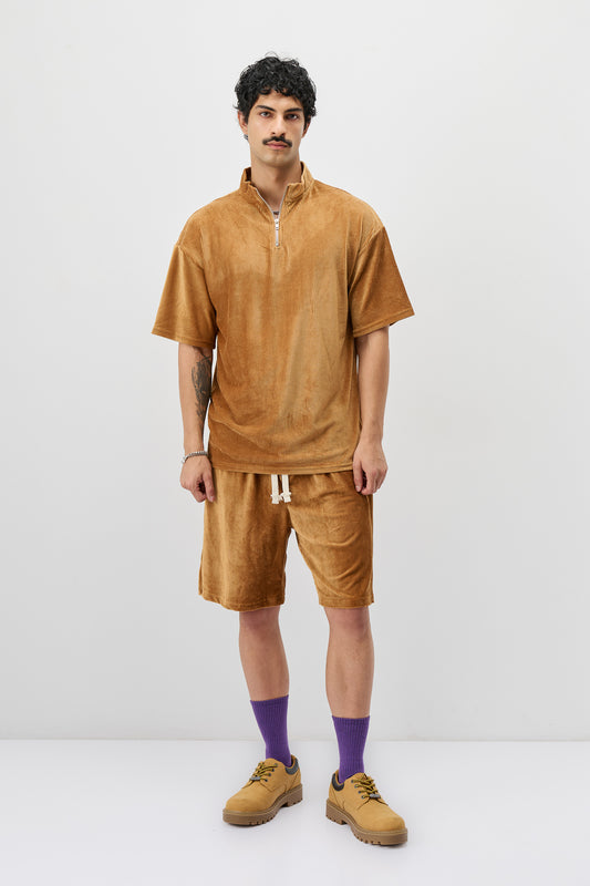 Yarım Fermuarlı Oversize Fitilli Tişört