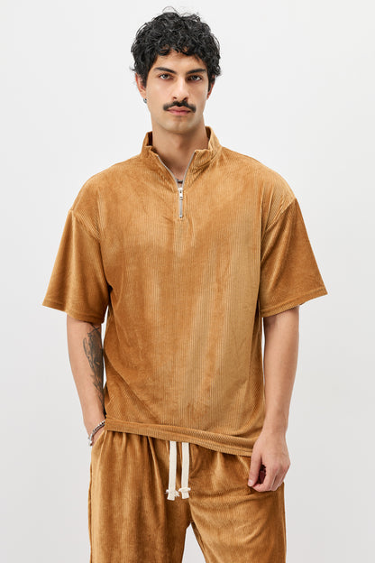 Yarım Fermuarlı Oversize Fitilli Tişört