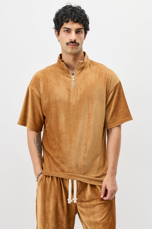 Yarım Fermuarlı Oversize Fitilli Tişört