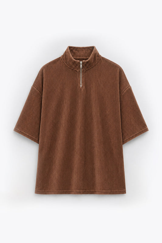 Yarım Fermuarlı Oversize Fitilli Tişört