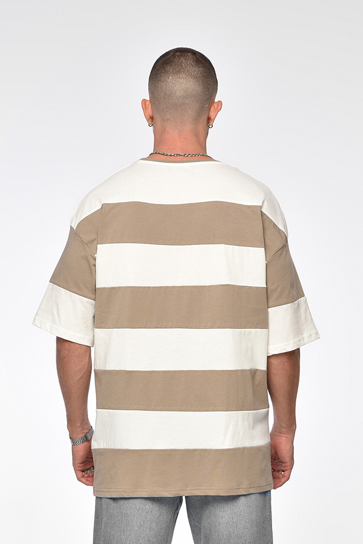 Açık Vizon Şeritli Oversize T-Shirt