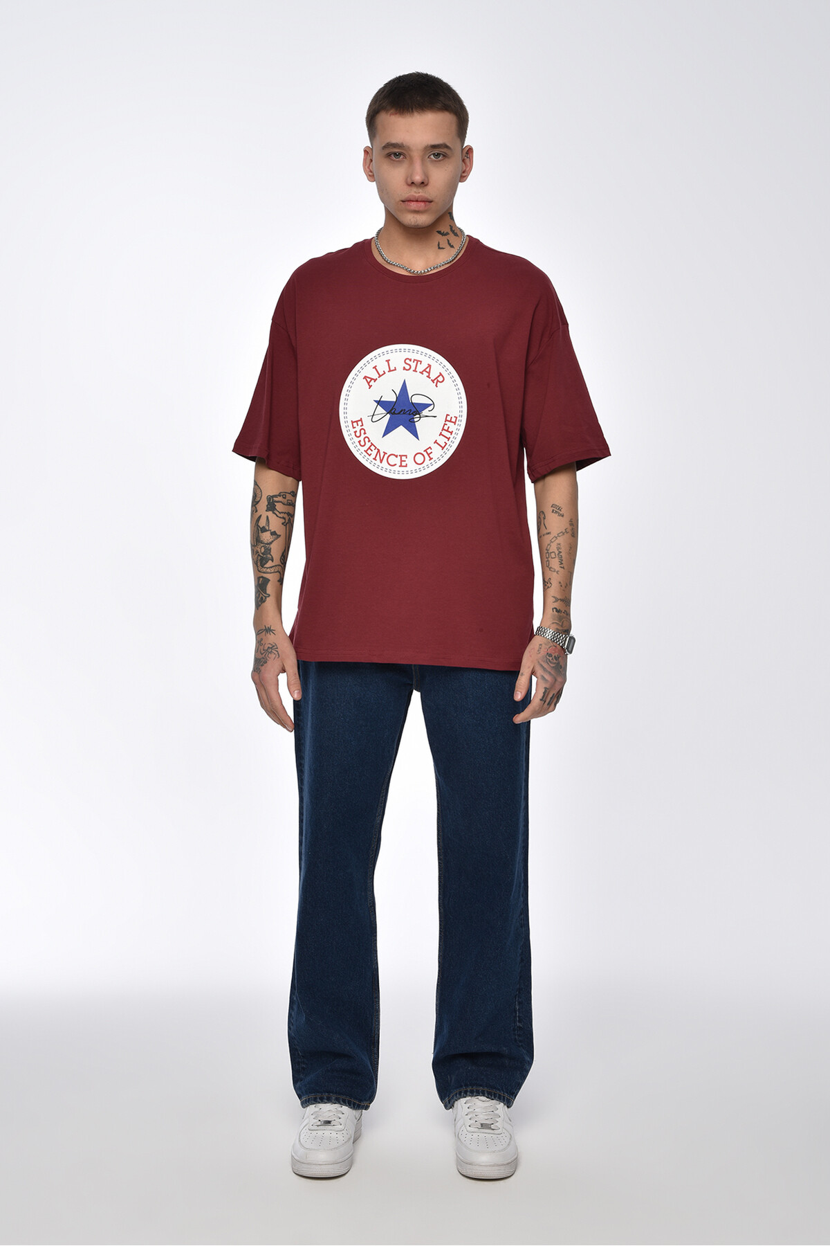 Bordo All Star Baskılı Oversize T-Shirt