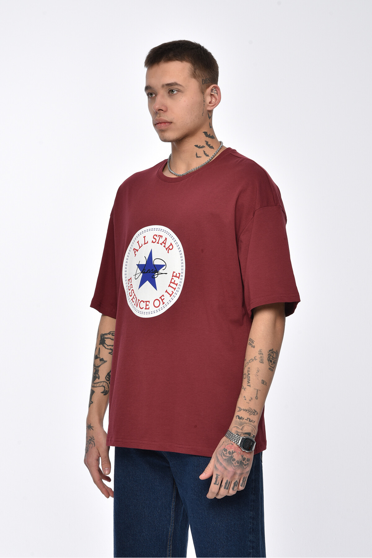 Bordo All Star Baskılı Oversize T-shirt