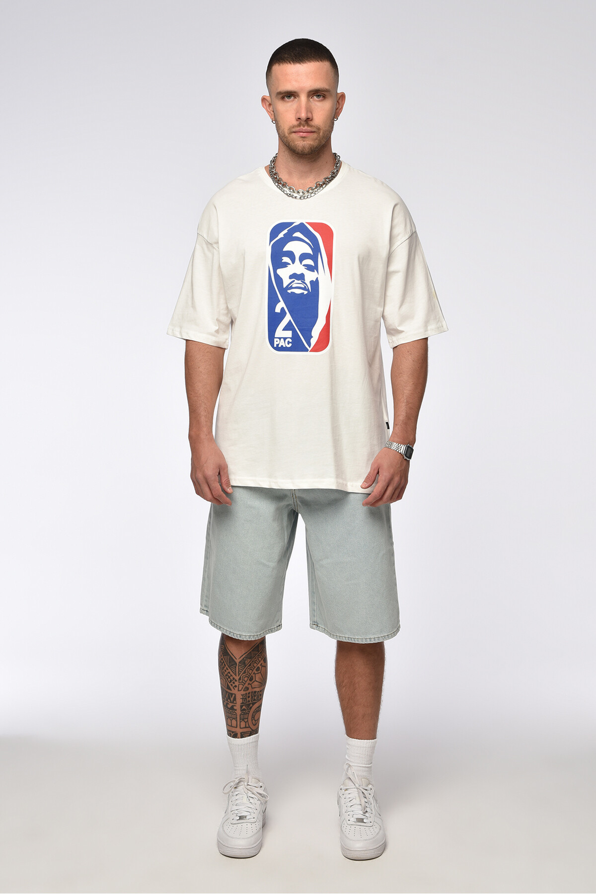 Ekru 2Pac Baskılı Oversize T-Shirt