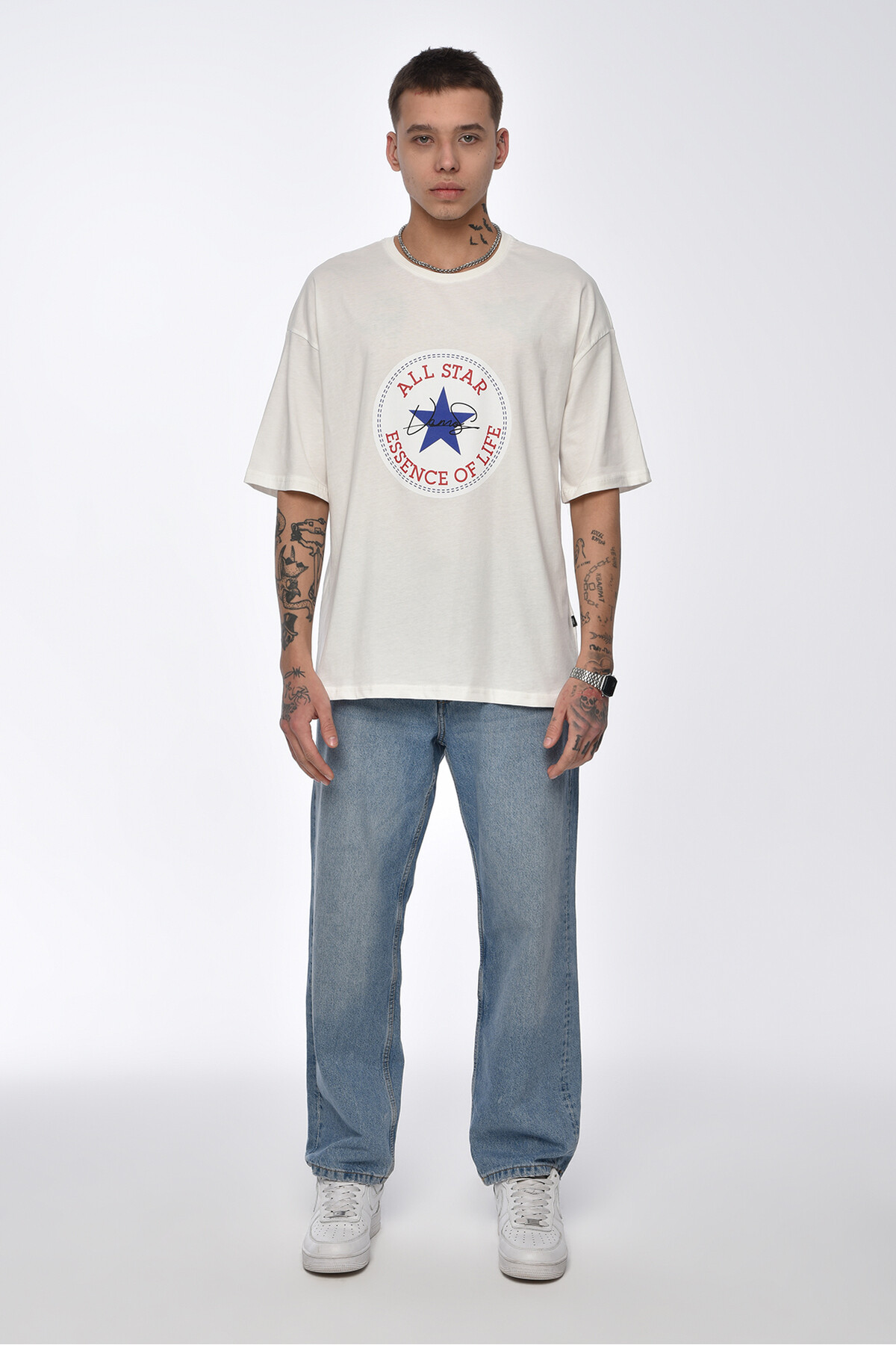 Ekru All Star Baskılı Oversize T-shirt