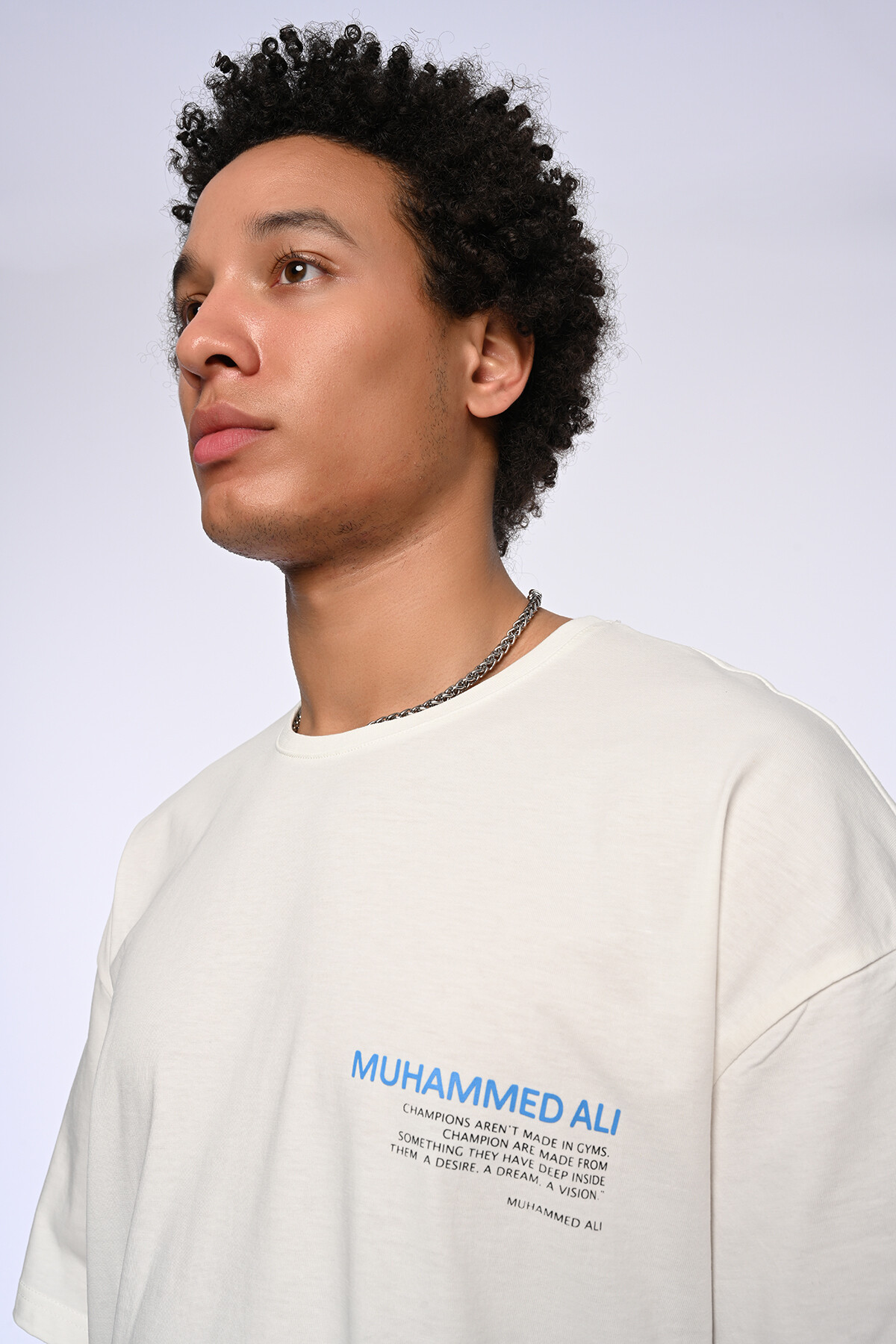 Ekru Muhammed Ali Baskılı Oversize T-Shirt