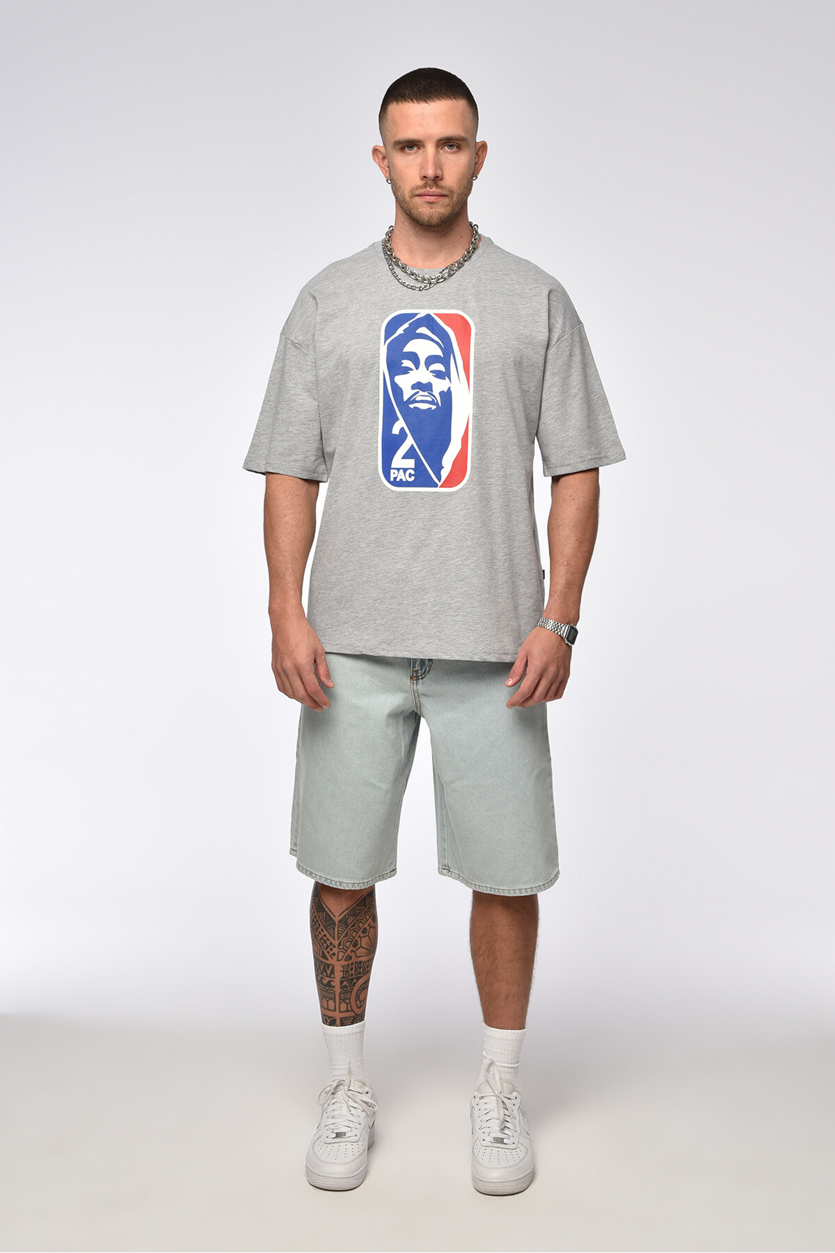 Gri Melanj 2Pac Baskılı Oversize T-Shirt