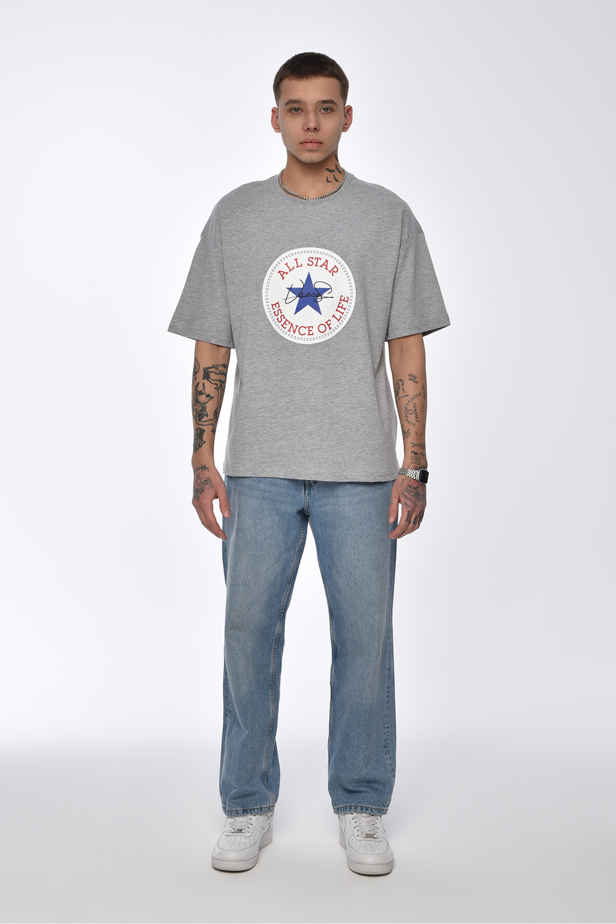 Gri Melanj All Star Baskılı Oversize T-shirt