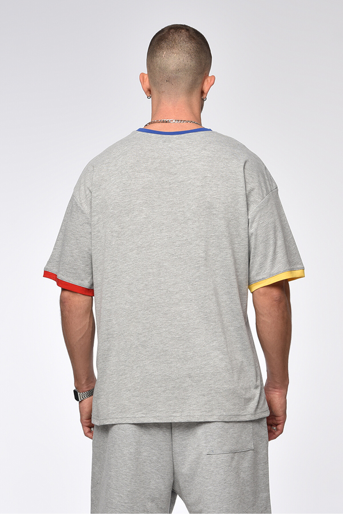 Gri Melanj Kol Renk Detaylı Baskılı Oversize T-Shirt