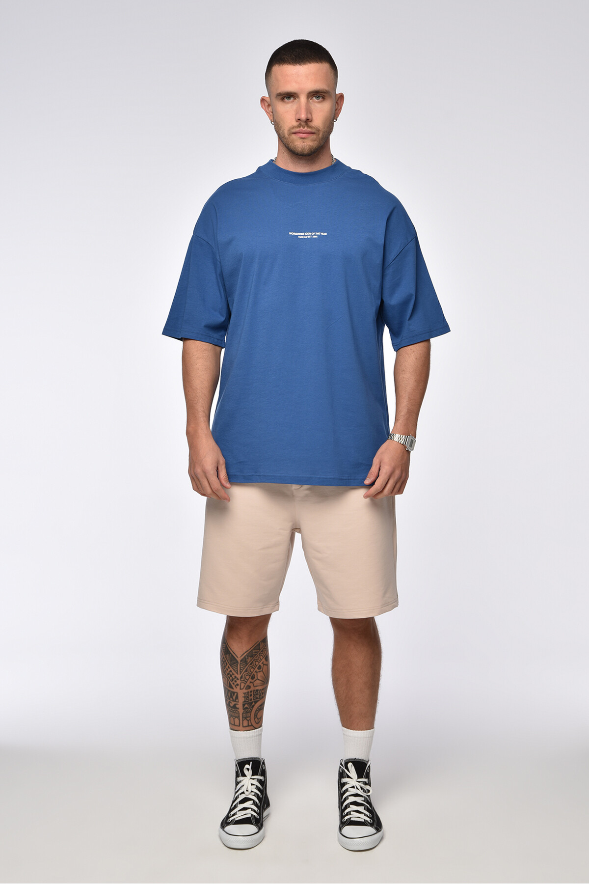 İndigo Ön Yazı Detaylı Ovesize T-Shirt