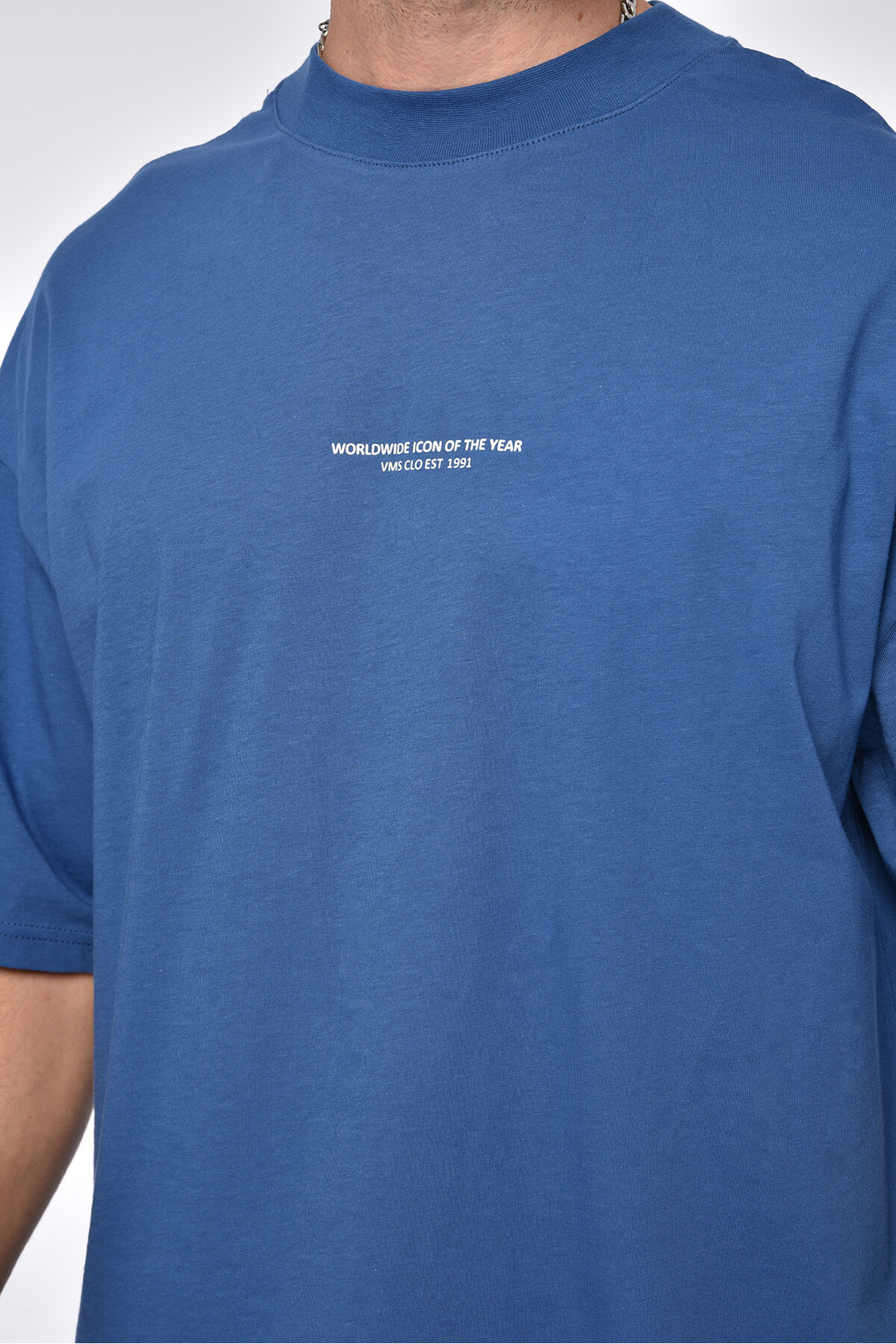 İndigo Ön Yazı Detaylı Ovesize T-Shirt