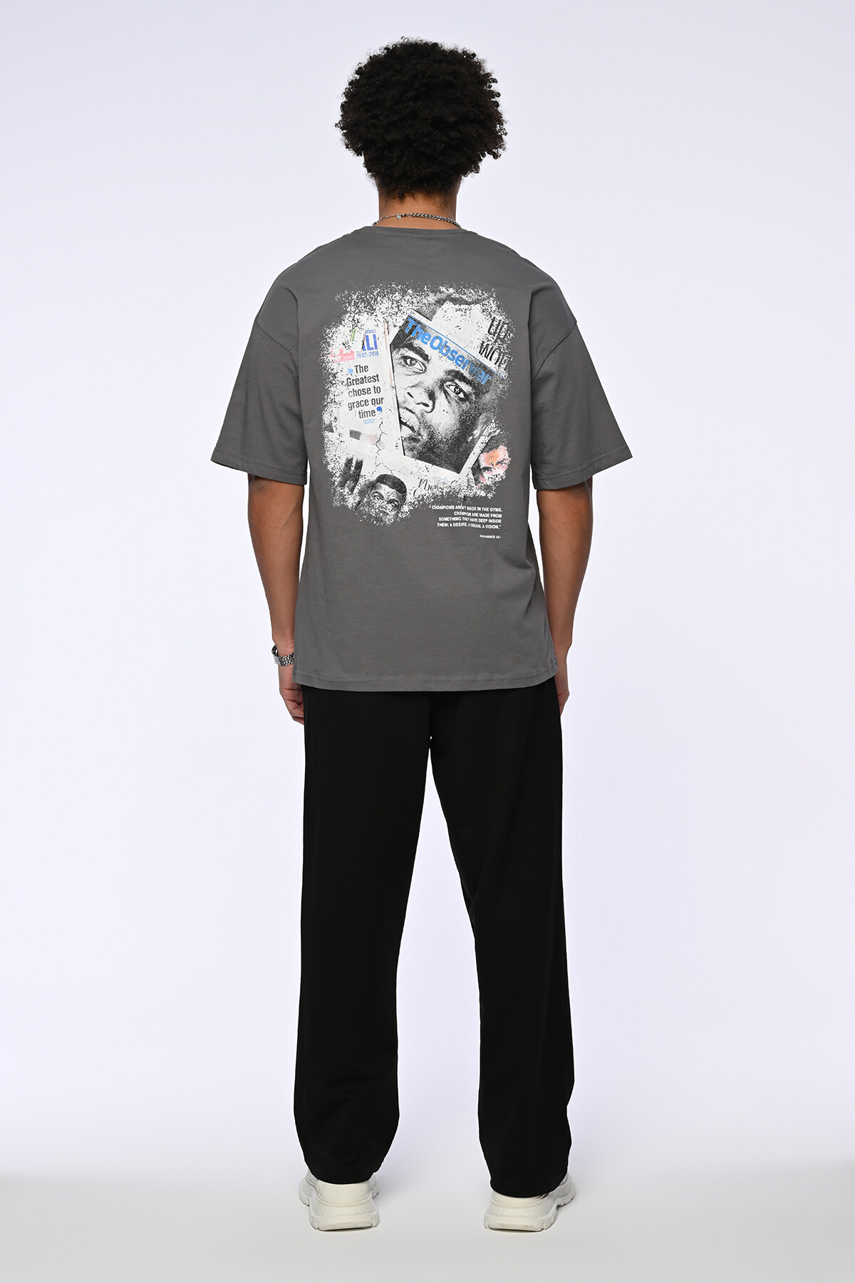 Koyu Füme Muhammed Ali Baskılı Oversize T-Shirt