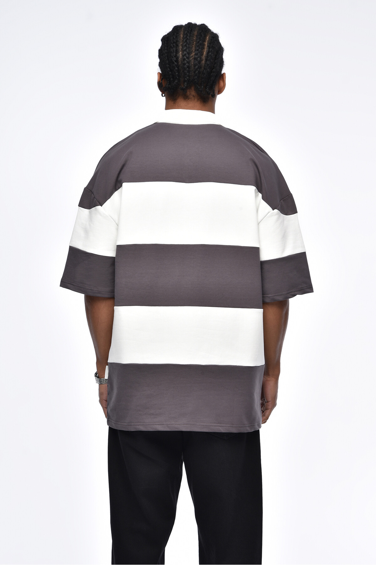Koyu Füme Şeritli Polo Yaka Overasize T-Shirt